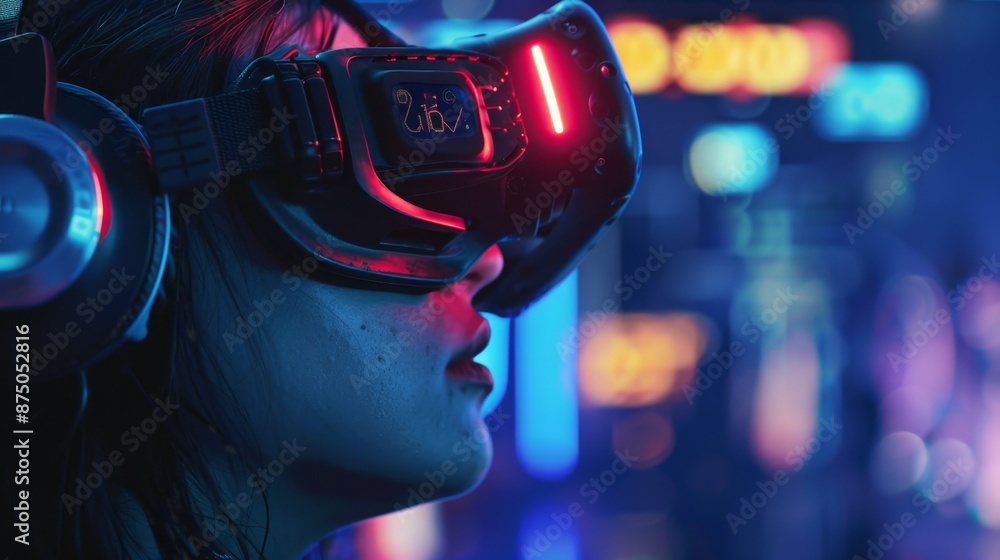 Woman Experiencing Virtual Reality with Neon Lights. Woman Experiencing Virtual Reality with Neon Lights.