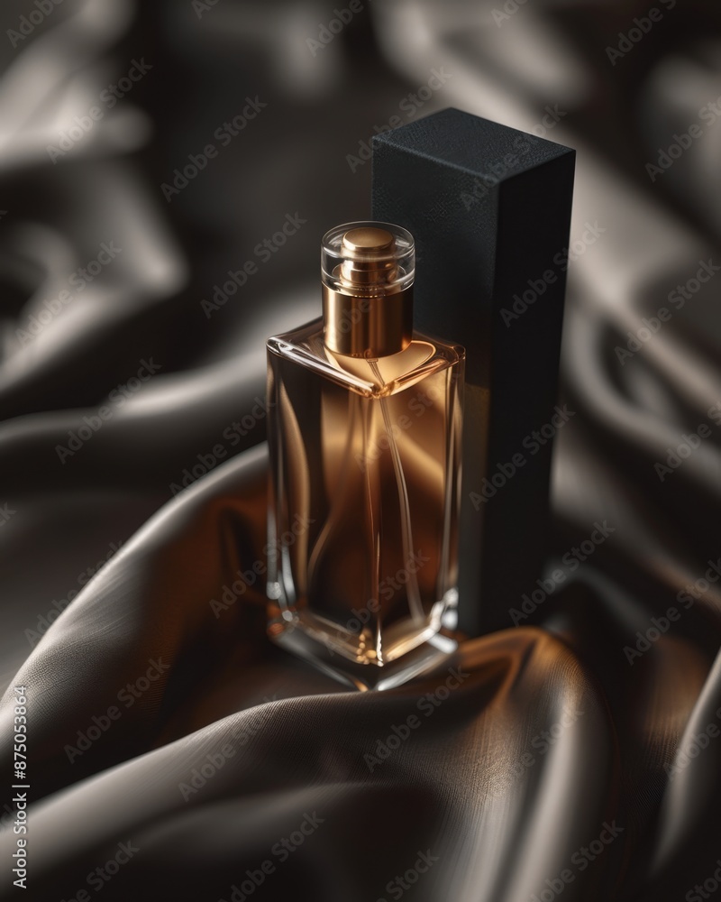 A close-up shot of a luxurious perfume bottle with a gold cap and a black box, placed on a soft, brown fabric background. A close-up shot of a luxurious perfume bottle with a gold cap and a black box, placed on a soft, brown fabric background.