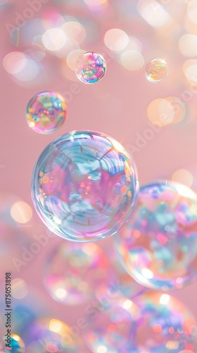 Colorful soap bubbles floating in the air on pastel pink background. 