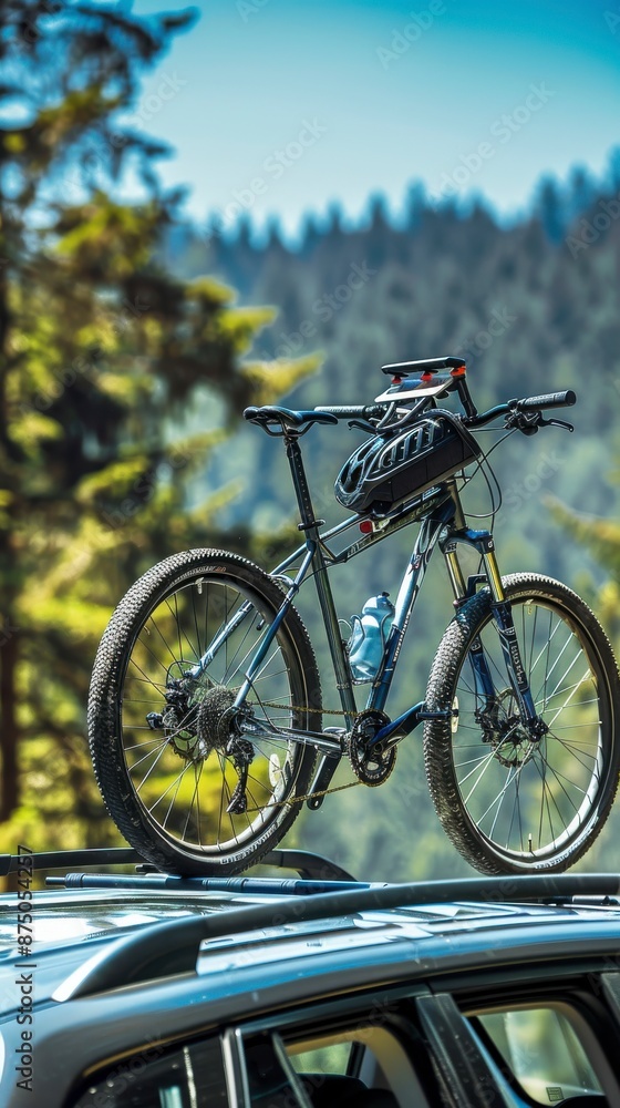 Fototapeta premium A mountain bike is mounted on the roof rack of a car in a forest setting