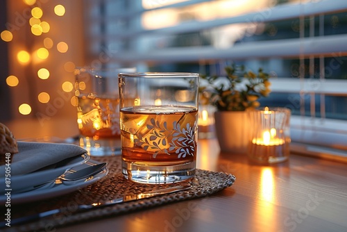 Romantic table setting with candlelit glasses featuring delicate white leaf decorations.