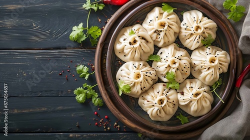 Delicious large Georgian khinkali on a plate. selective focus. Generative AI,