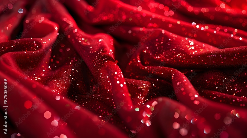 Decorative red glittering sequins on red cloth textile texture fashion background. Decorative red glittering sequins on red cloth textile texture fashion background.