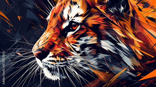A stunning digital painting of a tiger's face. The tiger is depicted in a close-up view, with its eyes narrowed and its mouth slightly open. photo