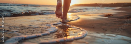 Close-Up of a Woman's Feet Walking on the Beach at Golden Hour Sunset, Capturing the Essence of Summer Travel and Relaxation, Perfect for Vacation and Leisure Themes photo