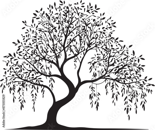 Willow Tree Silhouette Vector Art, vector black color silhouette