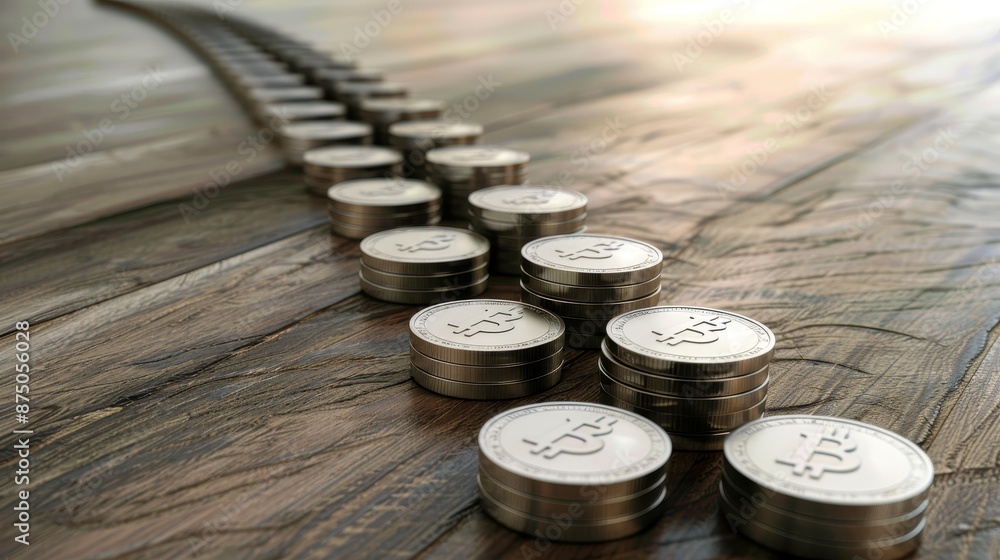 A line of silver coins on a wooden table, representing financial growth and success. A line of silver coins on a wooden table, representing financial growth and success.