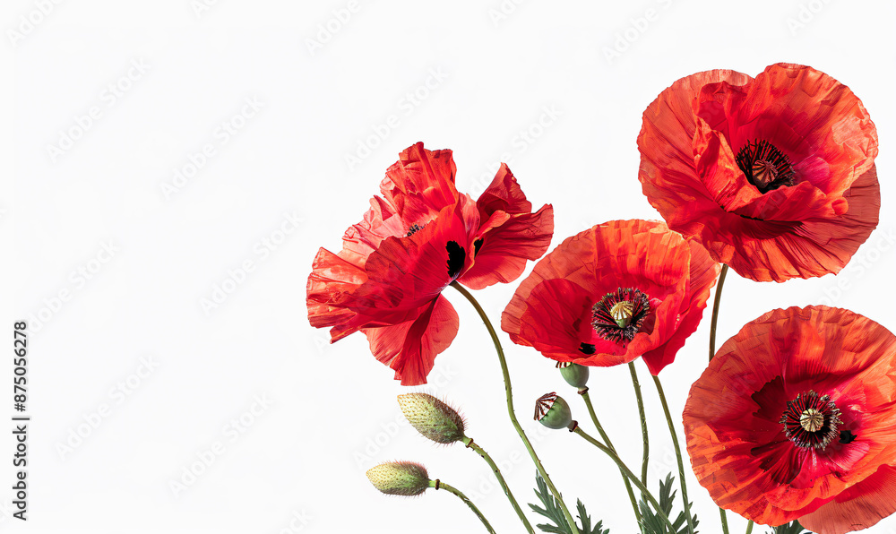 Obraz premium Photo of Red poppies on white background, border frame decoration, corner design element for text space in the middle. Black gray flowers, decorative floral border edge isolated on transparent backgro