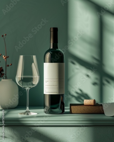 A still life featuring a bottle of wine with a blank label, a wine glass, and a cork on a wooden coaster, all set on a teal-colored table with dappled sunlight.