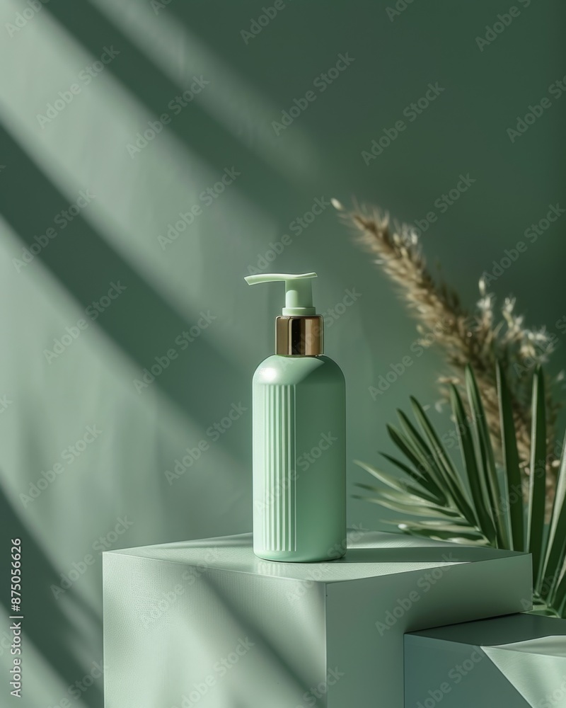 A minimalist green product bottle mockup with a gold pump and a palm leaf in a natural light setting. A minimalist green product bottle mockup with a gold pump and a palm leaf in a natural light setting.