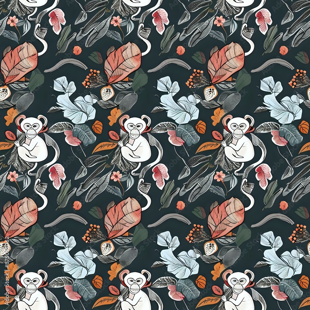 Cute Monkey and Vibrant Floral Seamless Repeat Cute Monkey and Vibrant Floral Seamless Repeat