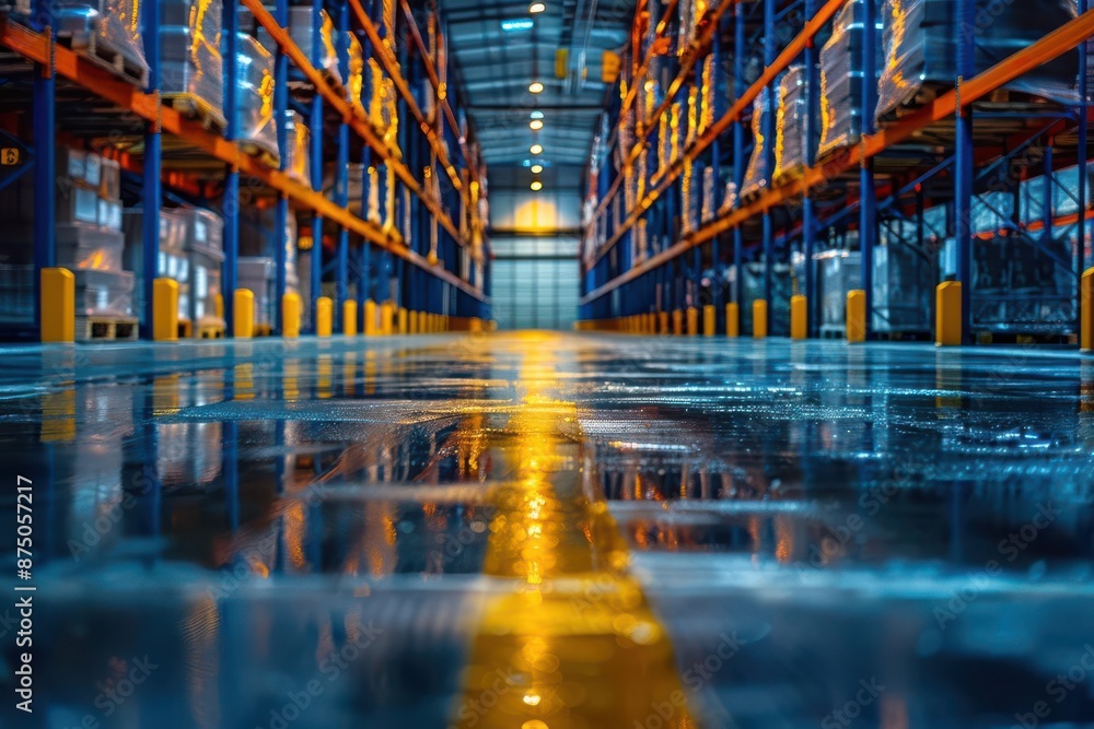 Fototapeta premium Logistic and business, environment, selective focus, warehouse management, vibrant, Overlay, backdrop of a distribution center