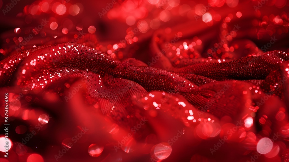 Decorative red glittering sequins on red cloth textile texture fashion background. Decorative red glittering sequins on red cloth textile texture fashion background.