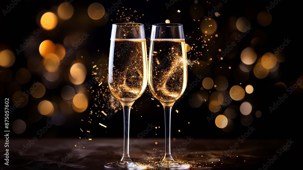 Glasses of wine on glass table with bokeh background close up. New Year, Christmas mood. Greeting card. Party and holiday celebration concept .Generative AI, Glasses of wine on glass table with bokeh background close up. New Year, Christmas mood. Greeting card. Party and holiday celebration concept .Generative AI,
