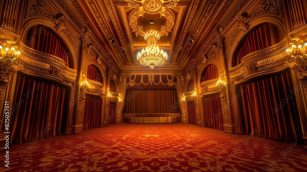 Obraz premium An opulent theater with plush red carpeting, golden accents, and a grand chandelier hanging from the ornate ceiling, with velvet curtains parting to reveal the stage.