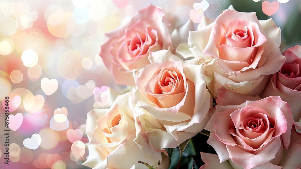 Valentine card with roses in pastel colors with bokeh and hearts. selective focus. Generative AI,
