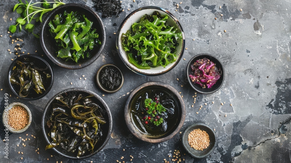A variety of seaweed, in bowls, on a grey surface A variety of seaweed, in bowls, on a grey surface