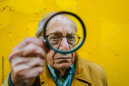 Ein alter skeptischer Mann, Detektiv von Beruf, mit Brille und grauen Haaren blickt durch eine Lupe und steht vor einer gelben Wand. 