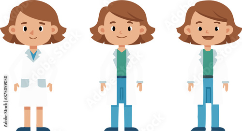 Cartoon Illustration of Female Scientist in Different Poses