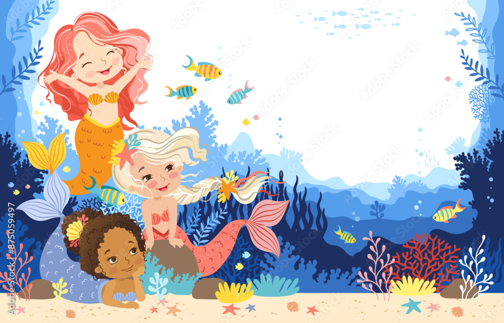 Naklejka premium Hand drawn vector illustration group of a cute mermaids in the underwater world. Cartoon background for children. Underwater sea life of coral reef