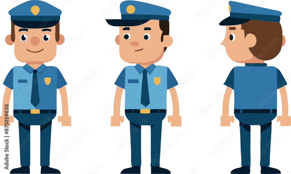 Cartoon Policemen Characters in Uniforms Front and Back View Cartoon Policemen Characters in Uniforms Front and Back View
