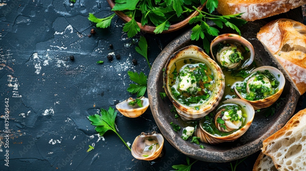 Steamed clams with parsley and butter served in shells, accompanied by bread Steamed clams with parsley and butter served in shells, accompanied by bread