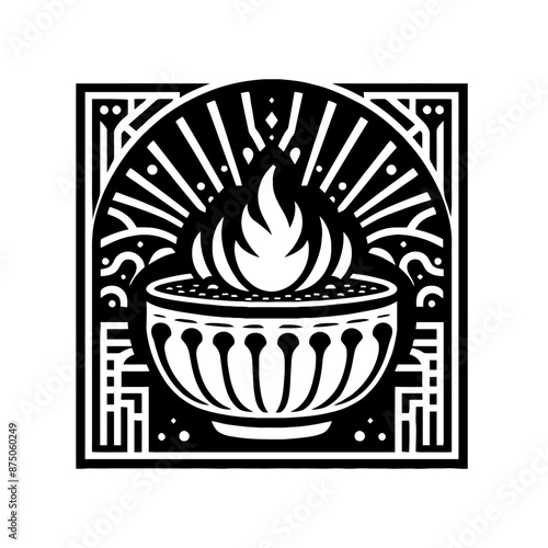Creme brulee in decorative emblem ornament, Victorian, art deco, art nouveau, boho, bohemian,  folk, flourish
