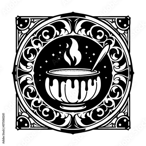 Creme brulee in decorative emblem ornament, Victorian, art deco, art nouveau, boho, bohemian,  folk, flourish