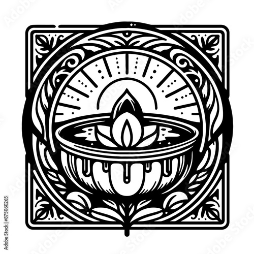 Creme brulee in decorative emblem ornament, Victorian, art deco, art nouveau, boho, bohemian,  folk, flourish