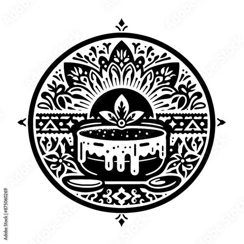 Creme brulee in decorative emblem ornament, Victorian, art deco, art nouveau, boho, bohemian,  folk, flourish
