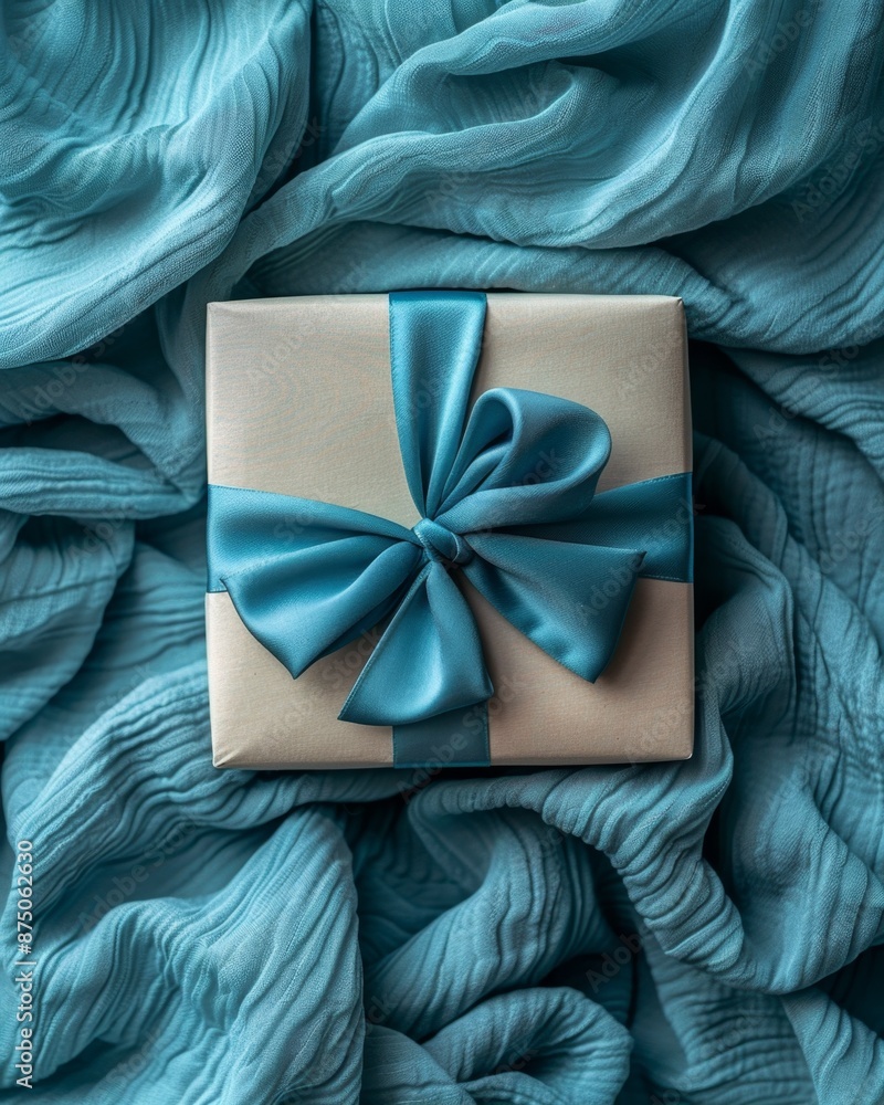 A beautifully wrapped gift box with a teal satin ribbon sits on a soft teal fabric, creating a sophisticated and elegant presentation. A beautifully wrapped gift box with a teal satin ribbon sits on a soft teal fabric, creating a sophisticated and elegant presentation.