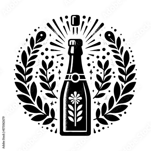champagne in decorative emblem ornament, Victorian, art deco, art nouveau, boho, bohemian,  folk, flourish