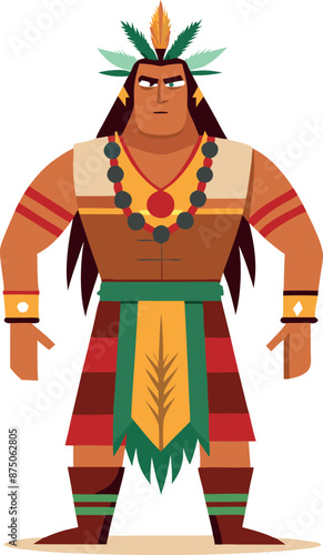 Native American Warrior Cartoon Character in Traditional Attire