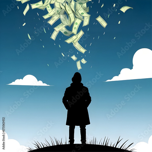 Dreaming of Riches: Silhouette of a man standing in a field, gazing up at a cascade of money falling from the sky, symbolizing financial aspirations and the allure of wealth. 