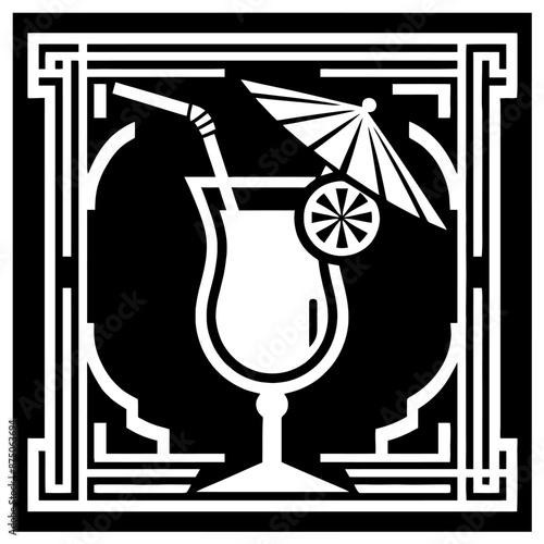 Pina Colada in decorative emblem ornament, Victorian, art deco, art nouveau, boho, bohemian,  folk, flourish