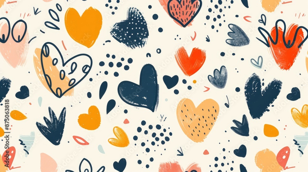 Hand drawn seamless pattern with various elements like hearts spots and shapes with space for text Hand drawn seamless pattern with various elements like hearts spots and shapes with space for text