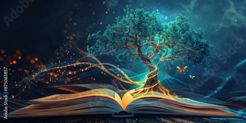 A vivid family tree growing out of a book