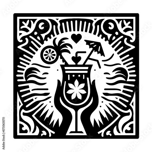 Pina Colada in decorative emblem ornament, Victorian, art deco, art nouveau, boho, bohemian,  folk, flourish