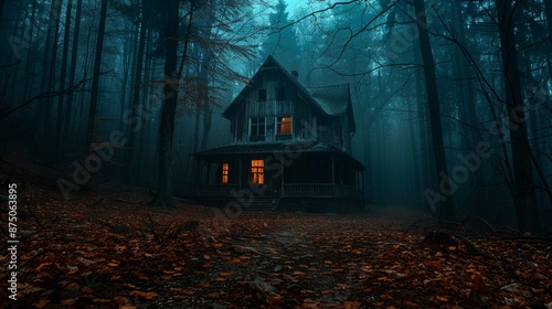 Dark scary horror background with haunted house in the woods photo