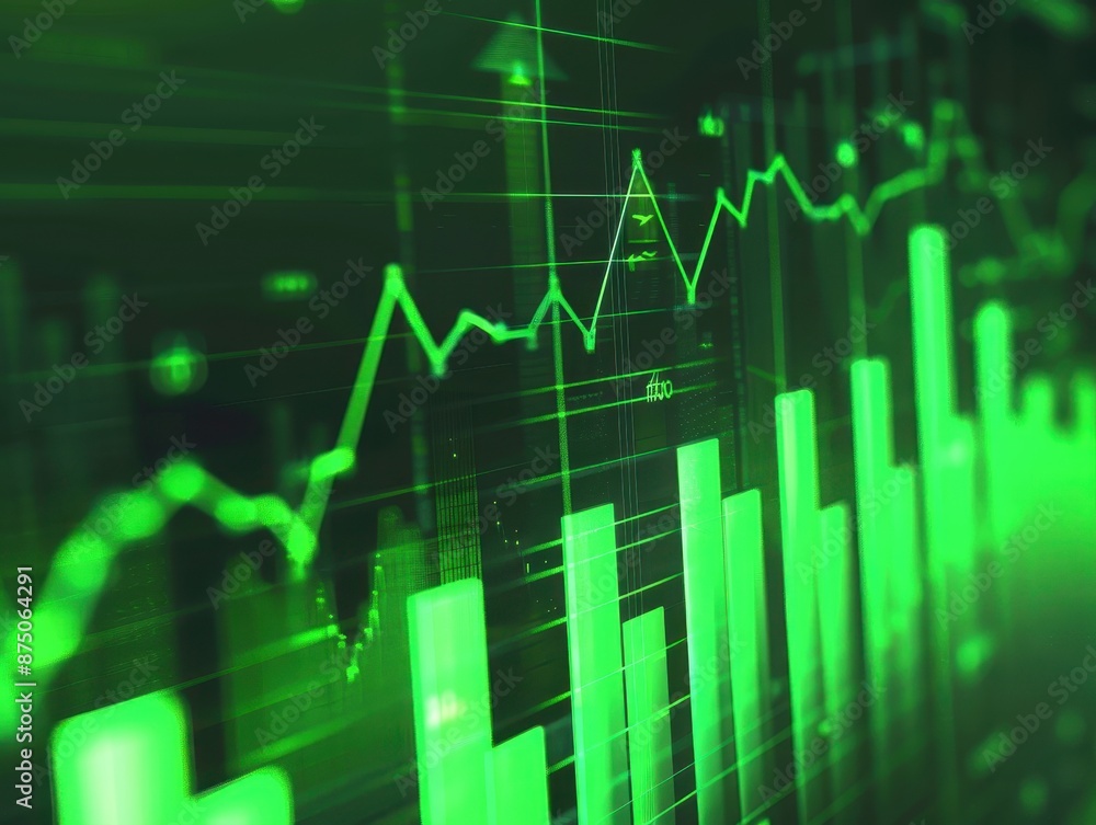 Bar charts with green color going up and down for positive Eco-investing stock market or green investment banking charts Bar charts with green color going up and down for positive Eco-investing stock market or green investment banking charts