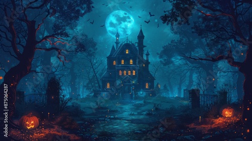 halloween background with abandoned haunted house in the dark woods