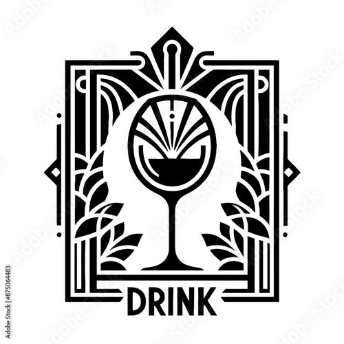 wine in decorative emblem ornament, Victorian, art deco, art nouveau, boho, bohemian,  folk, flourish