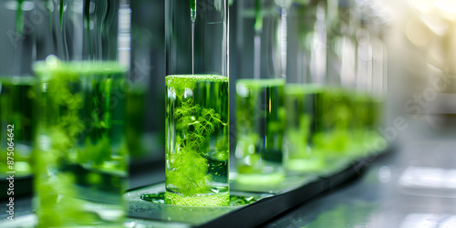 Laboratory Vials with Green Algae Cultures Biotech Experiment with Algae in Test Tubes