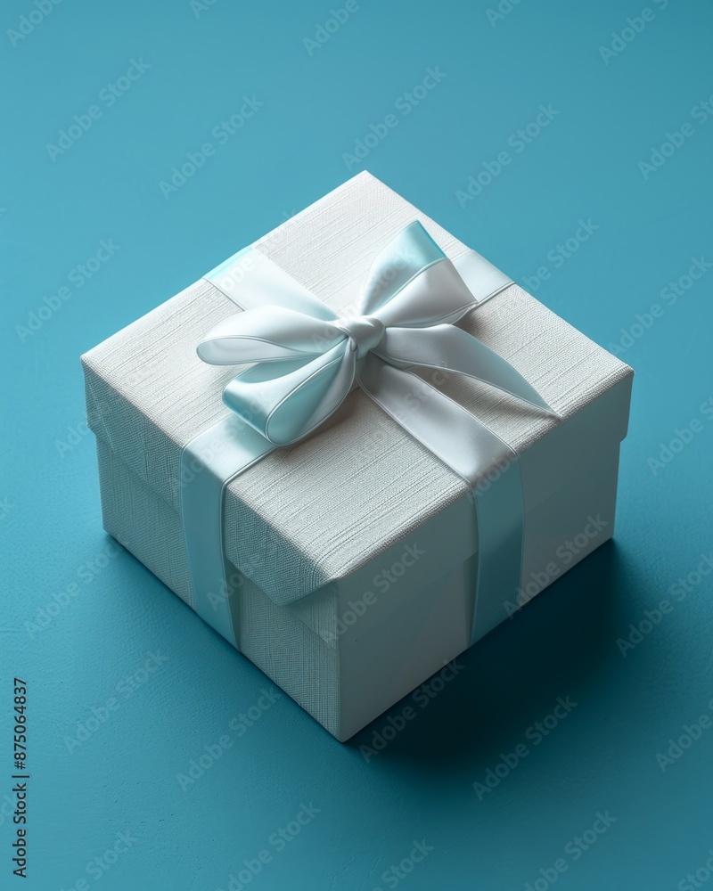 Obraz premium A white gift box with a light blue satin ribbon tied into a beautiful bow sits on a blue background, offering a minimalist and elegant visual.