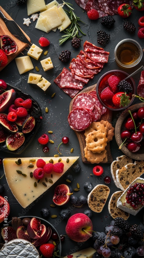 A variety of cheeses, salami, fruits, and crackers are arranged on a black surface A variety of cheeses, salami, fruits, and crackers are arranged on a black surface