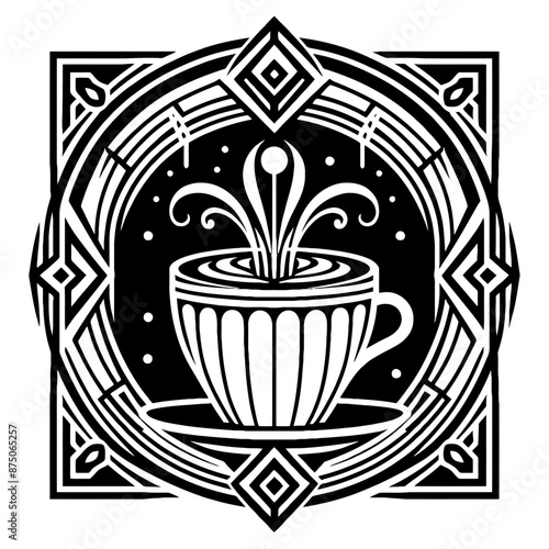 Cappuccino in decorative emblem ornament, Victorian, art deco, art nouveau, boho, bohemian,  folk, flourish
