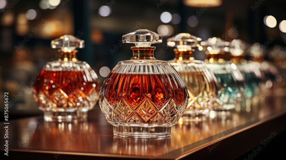 a row of glass perfumes are on a table. a row of glass perfumes are on a table.