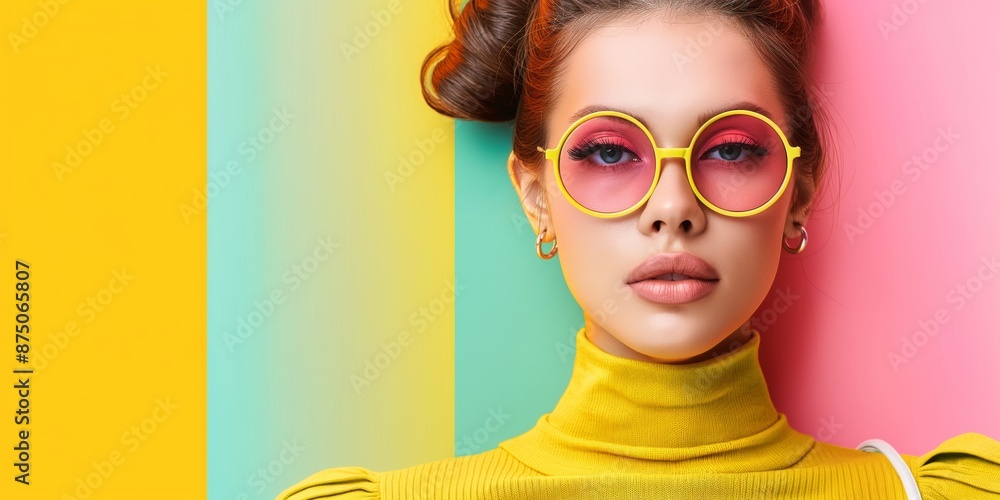 A glamorous lady with stylish glasses and a cool hairstyle poses confidently, highlighting her makeup. A glamorous lady with stylish glasses and a cool hairstyle poses confidently, highlighting her makeup.