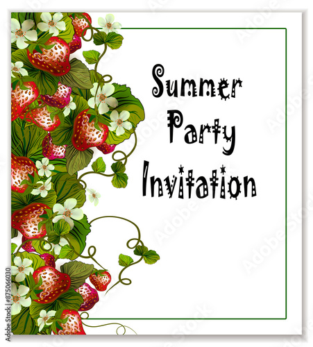 Party invitation with srawberry and leaves photo