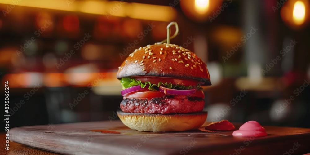 Juicy hamburger with fresh ingredients, highlighting its delicious, homemade, and gourmet qualities. Juicy hamburger with fresh ingredients, highlighting its delicious, homemade, and gourmet qualities.
